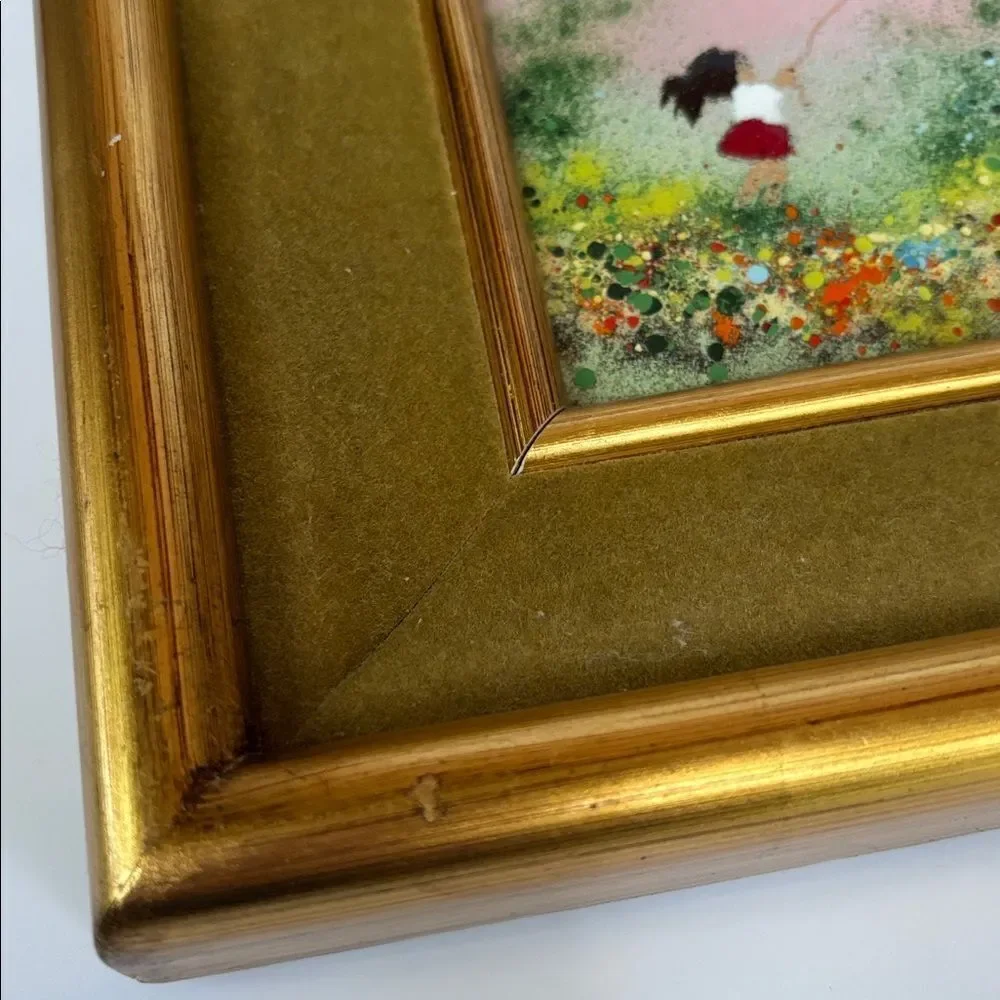 VNT LOUIS CARDIN SIGNED ENAMEL ON COPPER FRAMED PAINTING GIRL WITH RED BALLOON